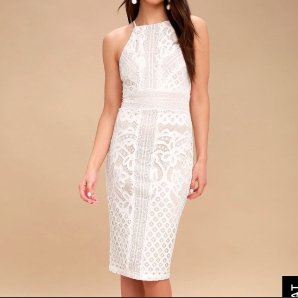 NWOT- Lulus-Primrose Nude and White Lace Bodycon Midi Dress (Size XS) *Sold Out*